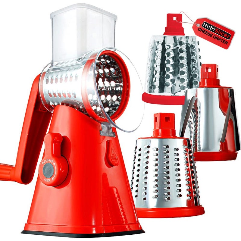 Nutrislicer 3-in1 Kitchen Spinning/Rotating Mandoline Countertop Vegetable Slicer Fruits Slicer Chopper Shredder Grater with 3 Stainless Steel Drum Blades For Vegetable, Fruits, Cheese As Seen On TV